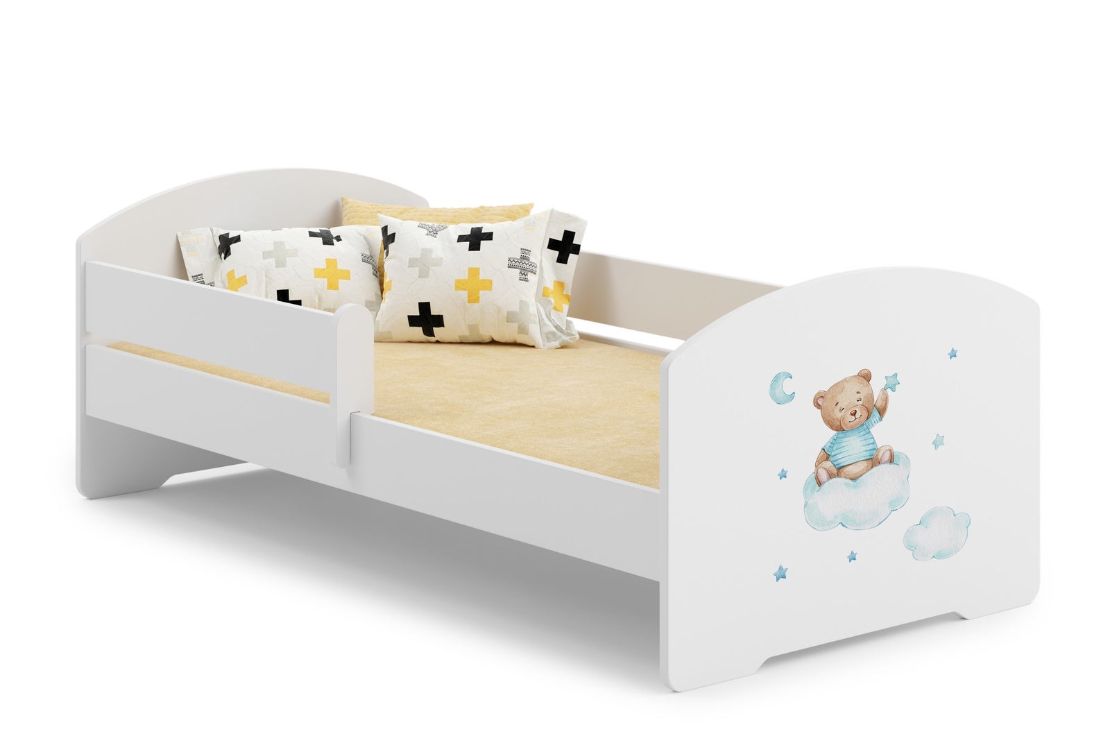 Białe Łóżko Dziecięce 140x70 cm z Motywem Misia i Barierką – W Zestawie Materac Piankowy i Pełna Konstrukcja, Wymiary: 144 x 77 x 56 cm