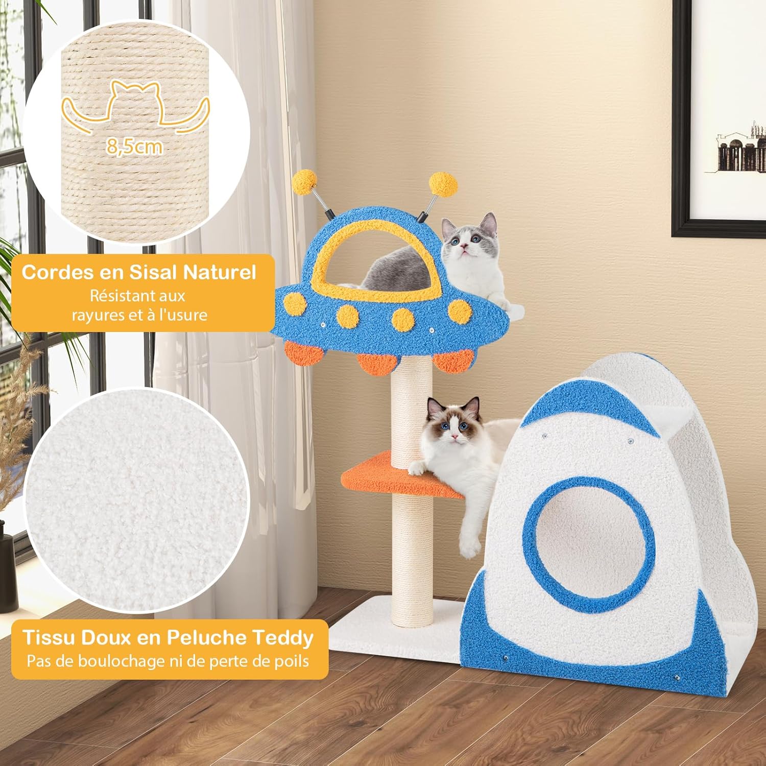 Tiragraffi per Gatti a Tema Spaziale, Albero per Gatti con Piattaforma a UFO e Pali in Sisal, Torre per Animali Domestici Interno (80 x 33 x 8 - 6