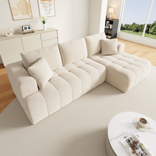 Canapé d’angle 4 places avec assise profonde et sans montage, canapé salon avec assise confortable, en chenille, velours beige, 244,5x136x79 cm