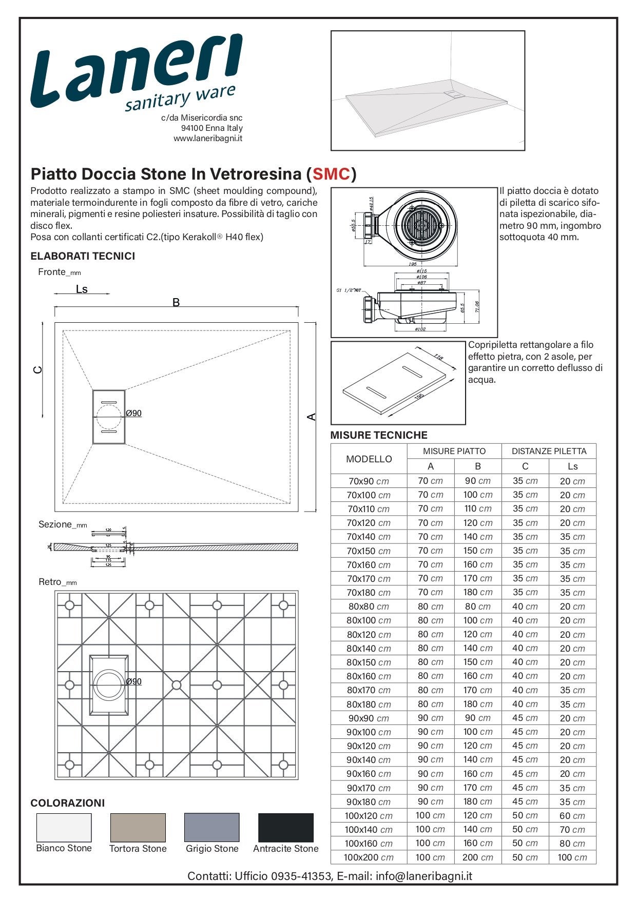 Piatto Doccia In Smc Vetroresina Effetto Pietra H 2,6 Cm Con Piletta Di Scarico Inclusa 90-120 Grigio - 5