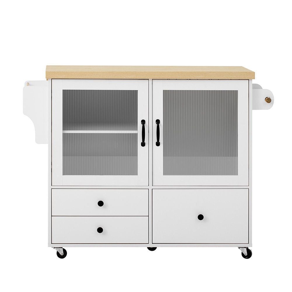 Îlot de cuisine mobile avec table à rallonge et roulettes, chariot avec porte-verres à vin et rangement, blanc - 2
