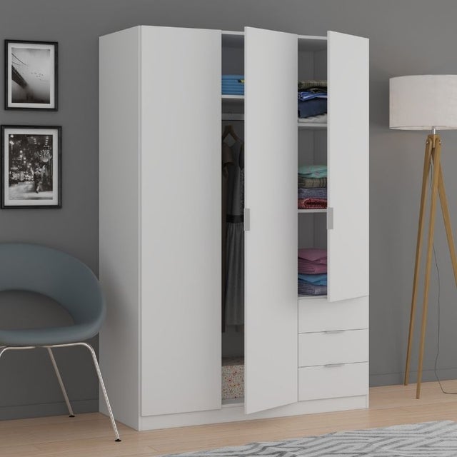 Mobelcenter - Armario 3 Puertas y 3 cajones - Armario 180 (Alto) x 121 (Ancho) x 52 (Fondo) cm - Armario Blanco - (1230)