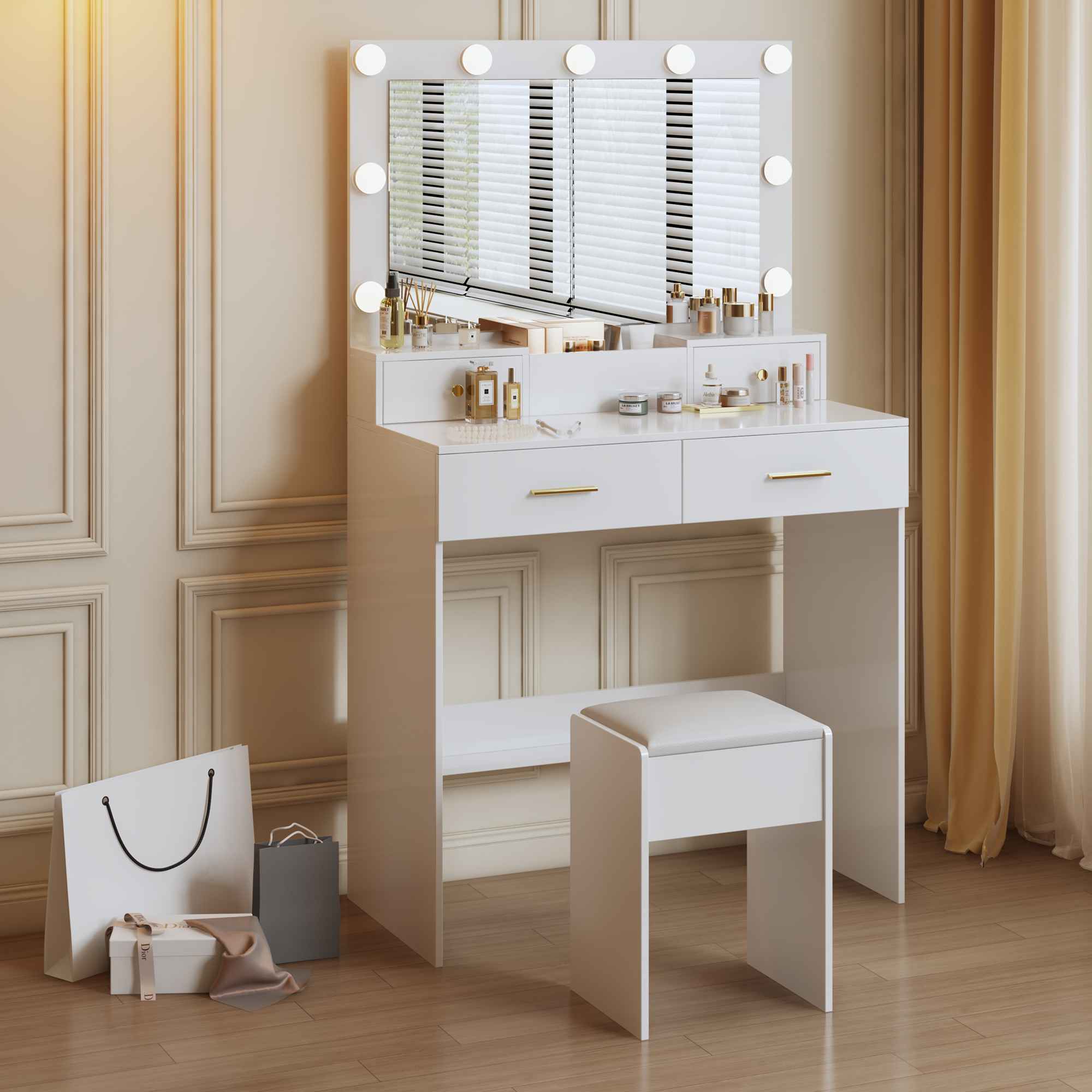 Coiffeuse avec miroir LED 9 lampes, 3 modes d'éclairage, rangement compartimenté, tabouret rembourré et poignées dorées – 137x80x39 cm - 2
