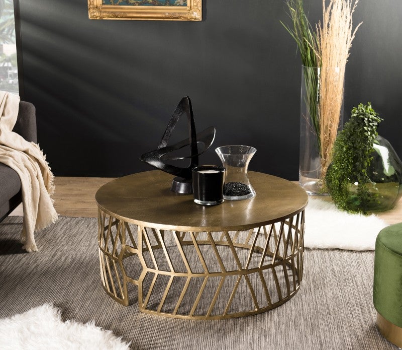 JOHAN - Table basse ronde 89x89cm aluminium doré piètement graphique ...