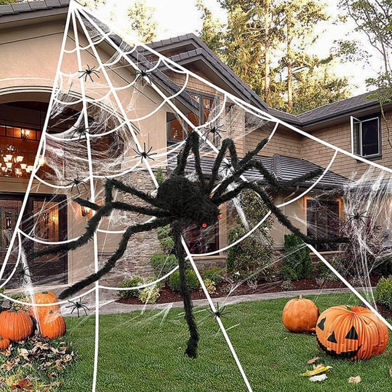 Kit Halloween Extérieur Géant – Toile D’araignée De 5m, Araignée Flippante De 1,5m, 40g De Toiles, 20 Petites Bêtes, Piquets Inclus – Parfait Pour Jardin, Maison Hantée Et Soirées D’enfer