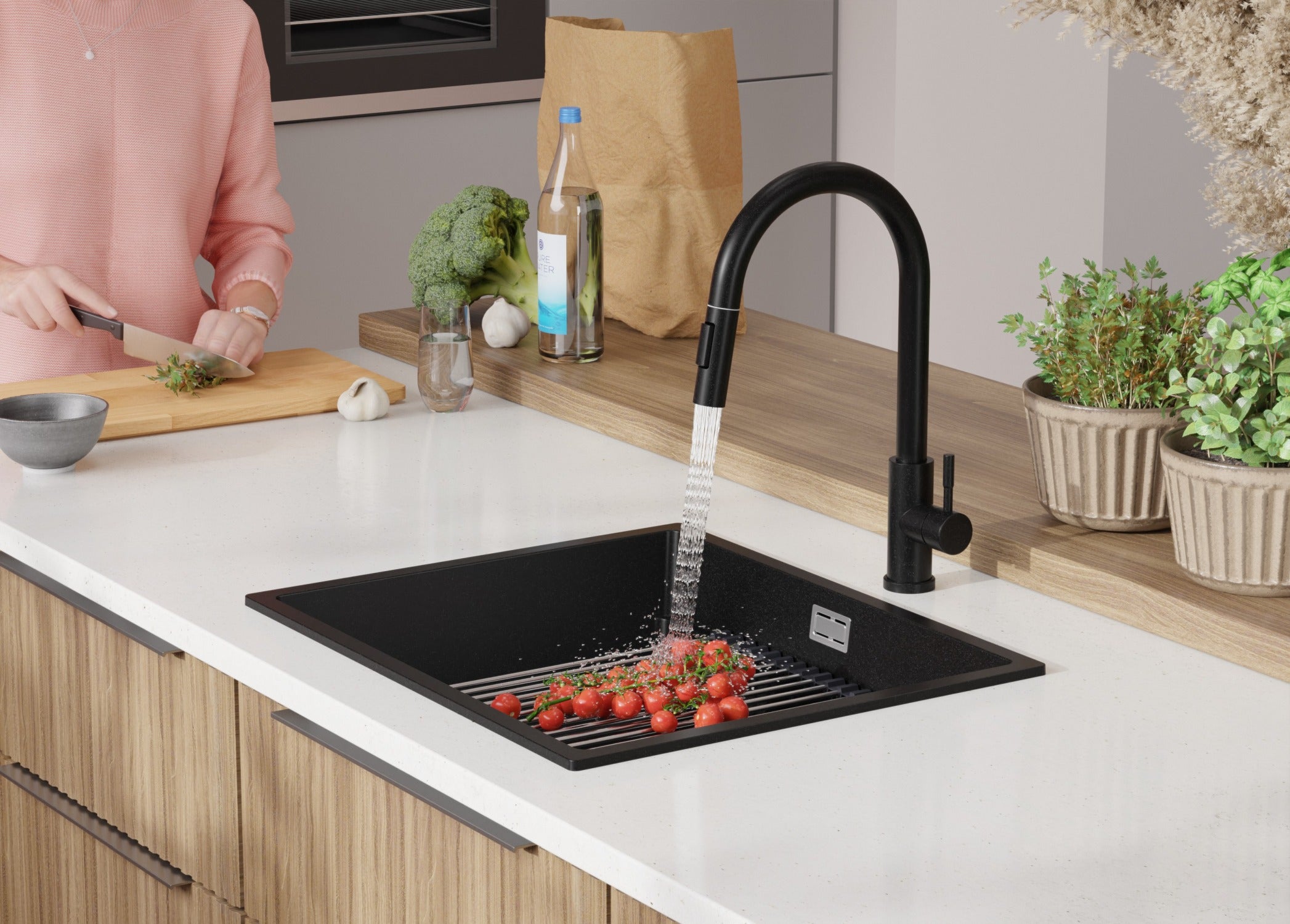 Lavandino da Cucina Nero 56x47cm, Lavello in Granito a 1 vasca + Sifone Classico + Accessori, Lavabo da Cucina Incasso al mobile 60cm PRIMAGRAN - 9