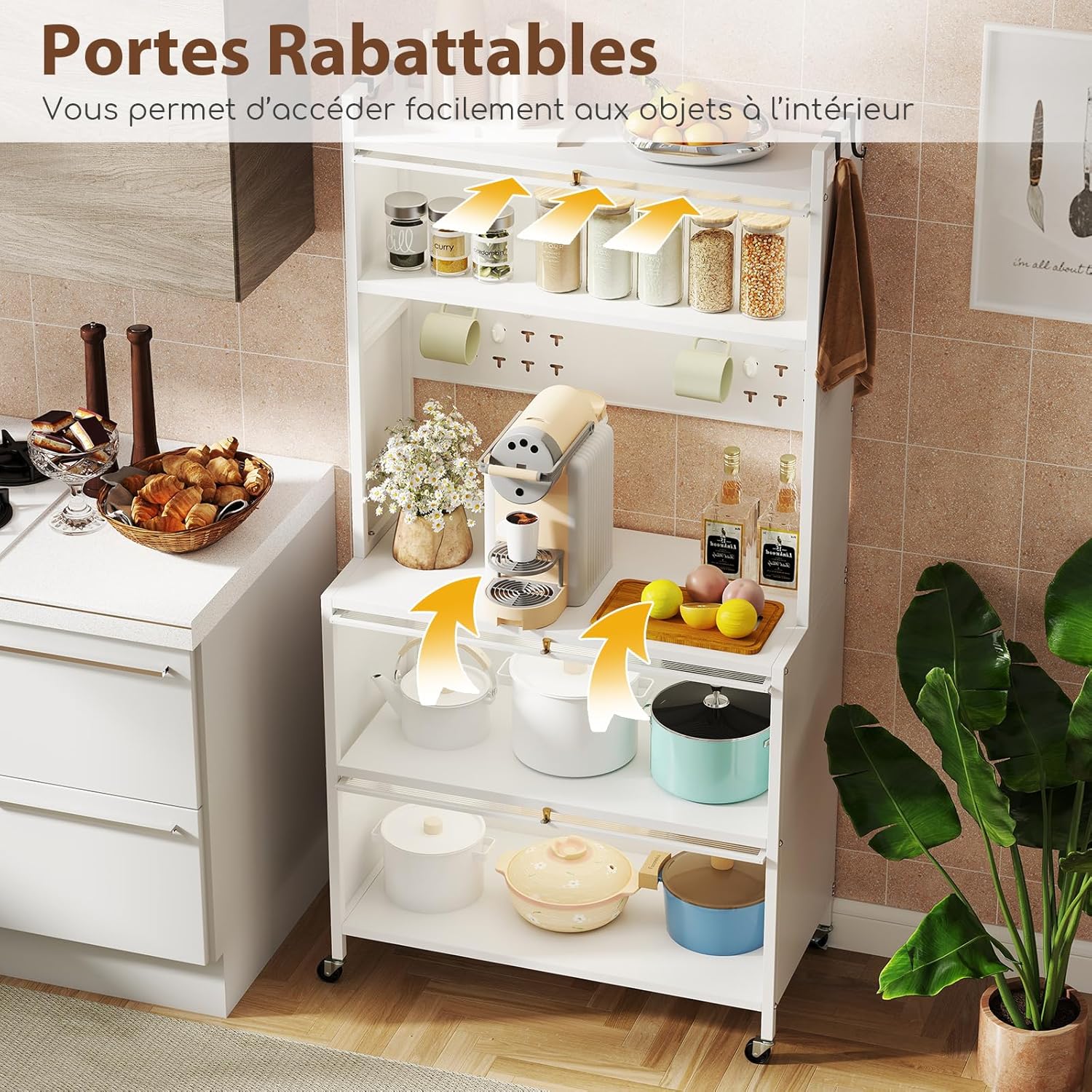 Aparador Alacena de Cocina, Soporte para Microondas con Puertas Inclinables y Gabinetes, Panel de Perforaciones con Ganchos, Ruedas y Patas Aj - 6