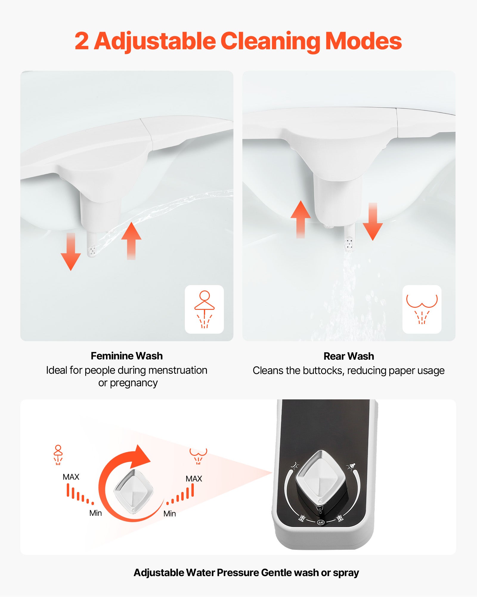 Pulvérisateur Bidet VEVOR Non Électrique, Accessoire pour Bidet Toilette Ultra Fin de 7 mm, Pression d'Eau Réglable, Doubles Buses Rétractables - 2
