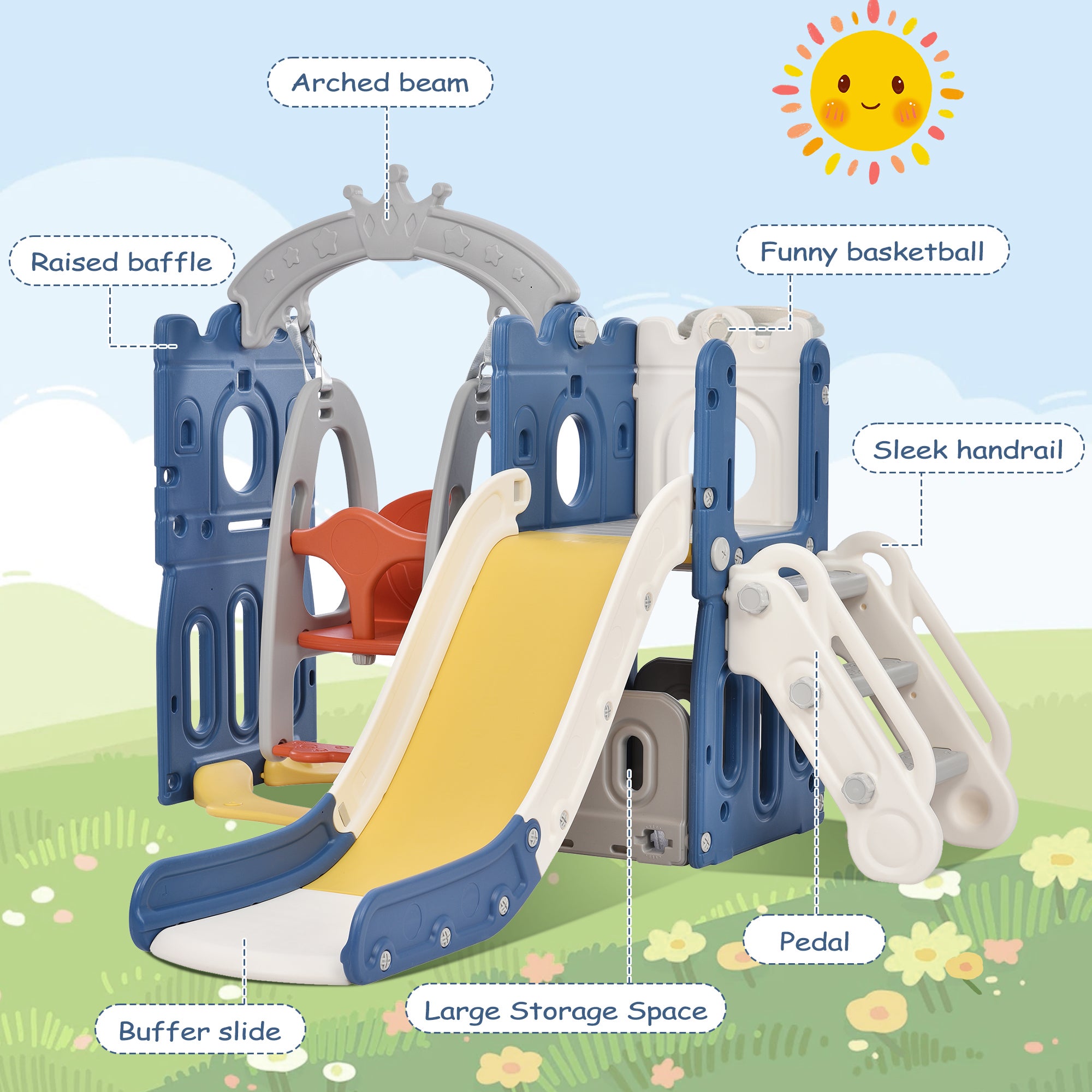 Toboggan et jouets d'escalade pour enfants 5 en 1, rangement , balançoire, cadre de basket-ball en PEHD (les balles océaniques ne sont pas incluses) - 3