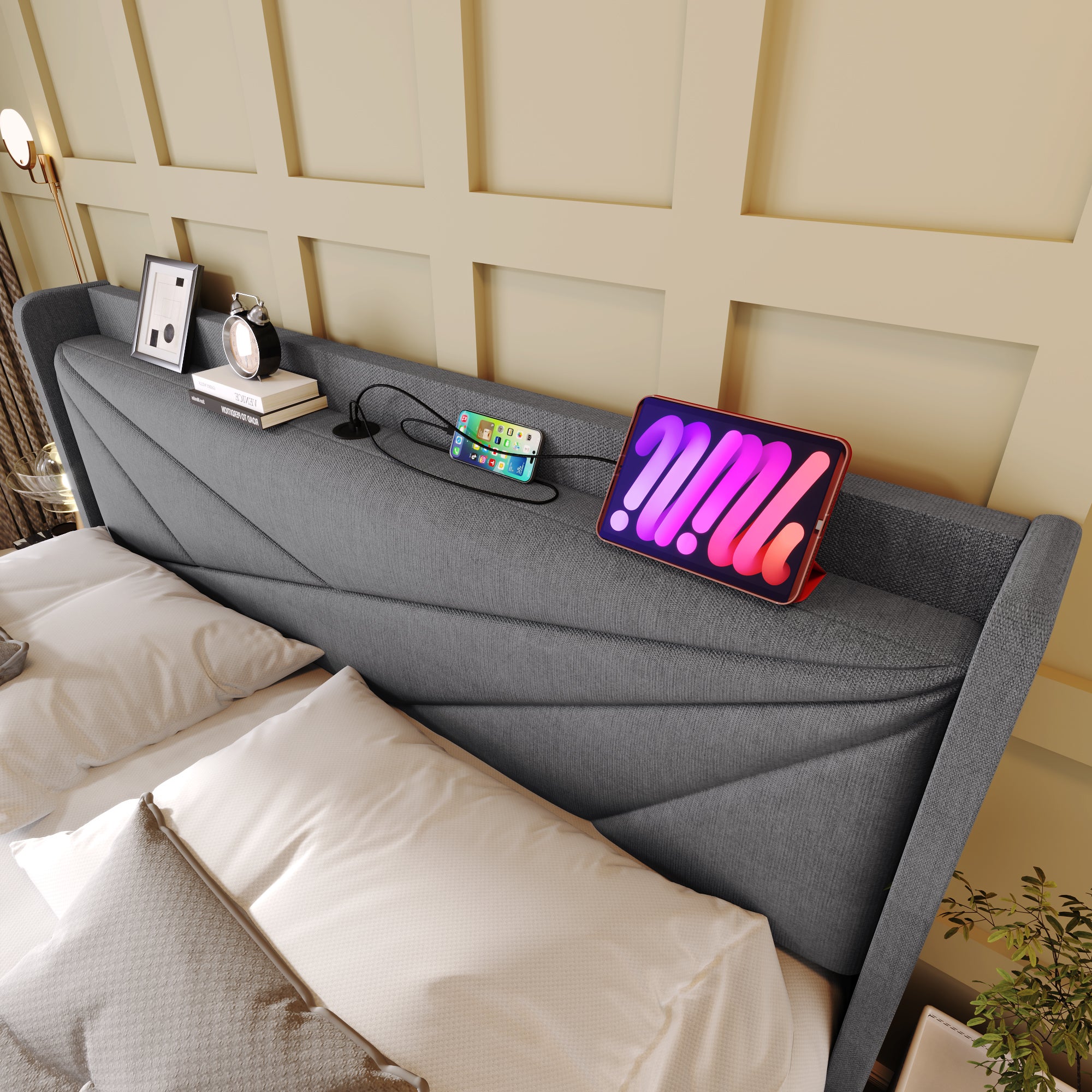 Lit Coffre Lit Adulte Double 160x200 cm - Charge USB - Rangement en Dessous - Sommier Inclus - Coton Lin Gris (Sans Matelas) - 9