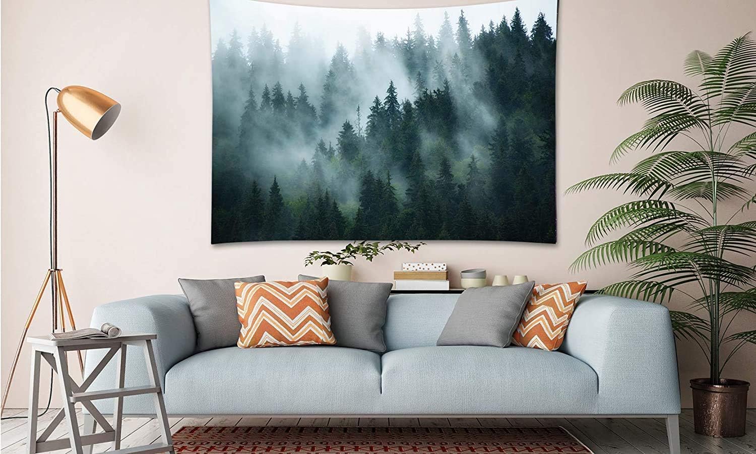 Gobelin z motywem mglistego lasu o wymiarach 200 x 150 cm do powieszenia na ścianie, wzór naturalnego krajobrazu i lasu, dekoracja ścienna do sypialn - 3