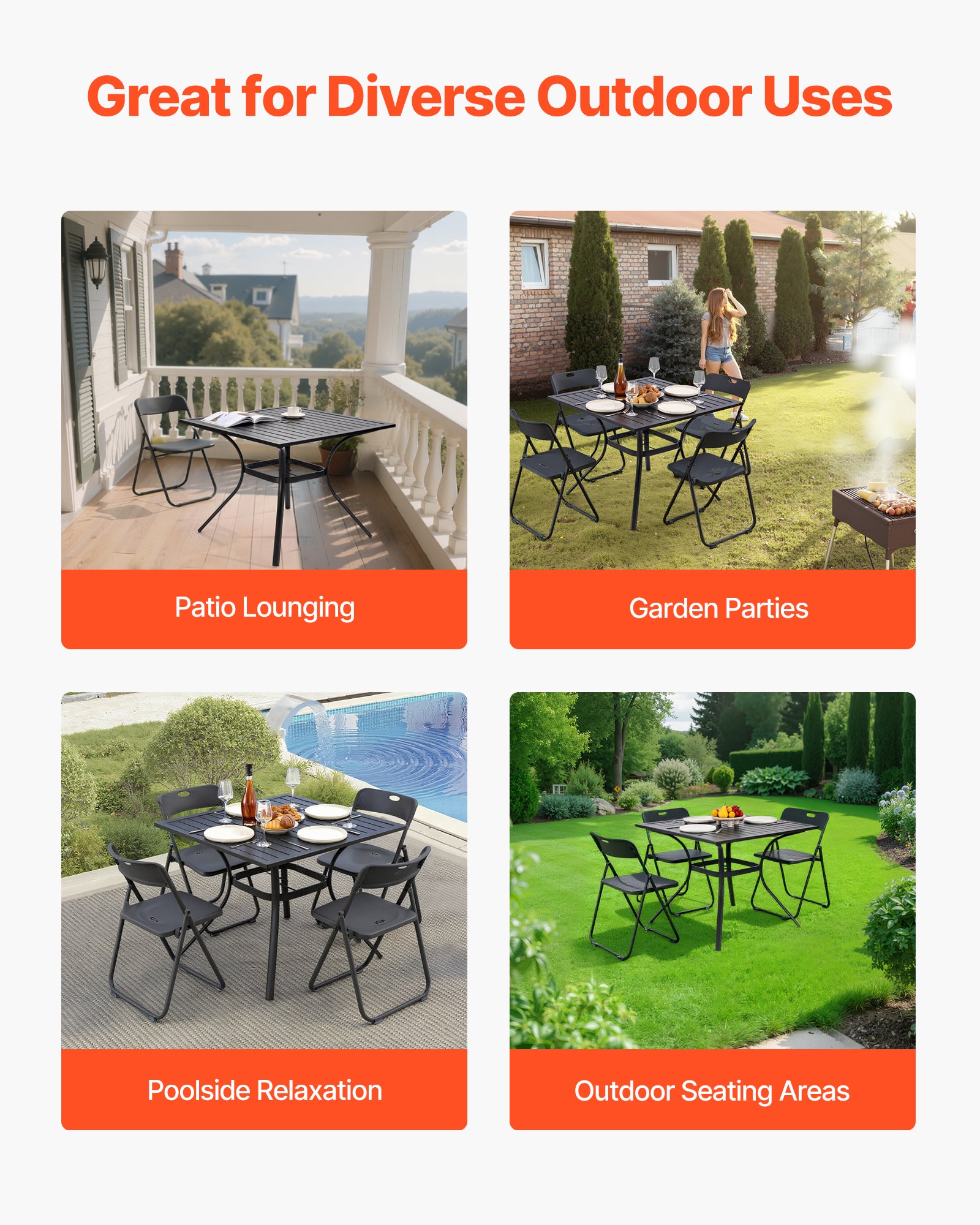 Table manger VEVOR patio extérieur 940 mm, en métal pour 4 personnes, avec trou pour parasol 38 mm, meuble toutes saisons pour jardin, véranda, noir - 6