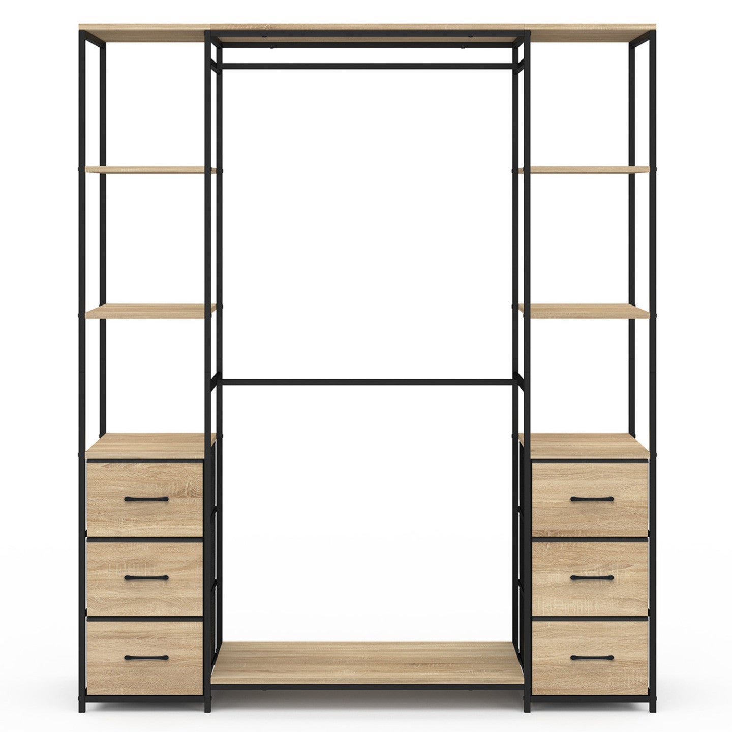 Dressing double penderie + double colonne L. 140 cm UTAH avec 6 étagères et 6 bacs en tissu bois et noir - 3