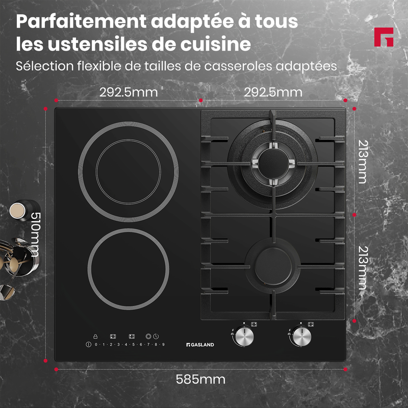 GASLAND GCH604BF Table de cuisson mixte 4 zones 8,1 kW, Plaque de cuisson 2 vitrocéramique + 2 gaz, Revêtement verre - 3