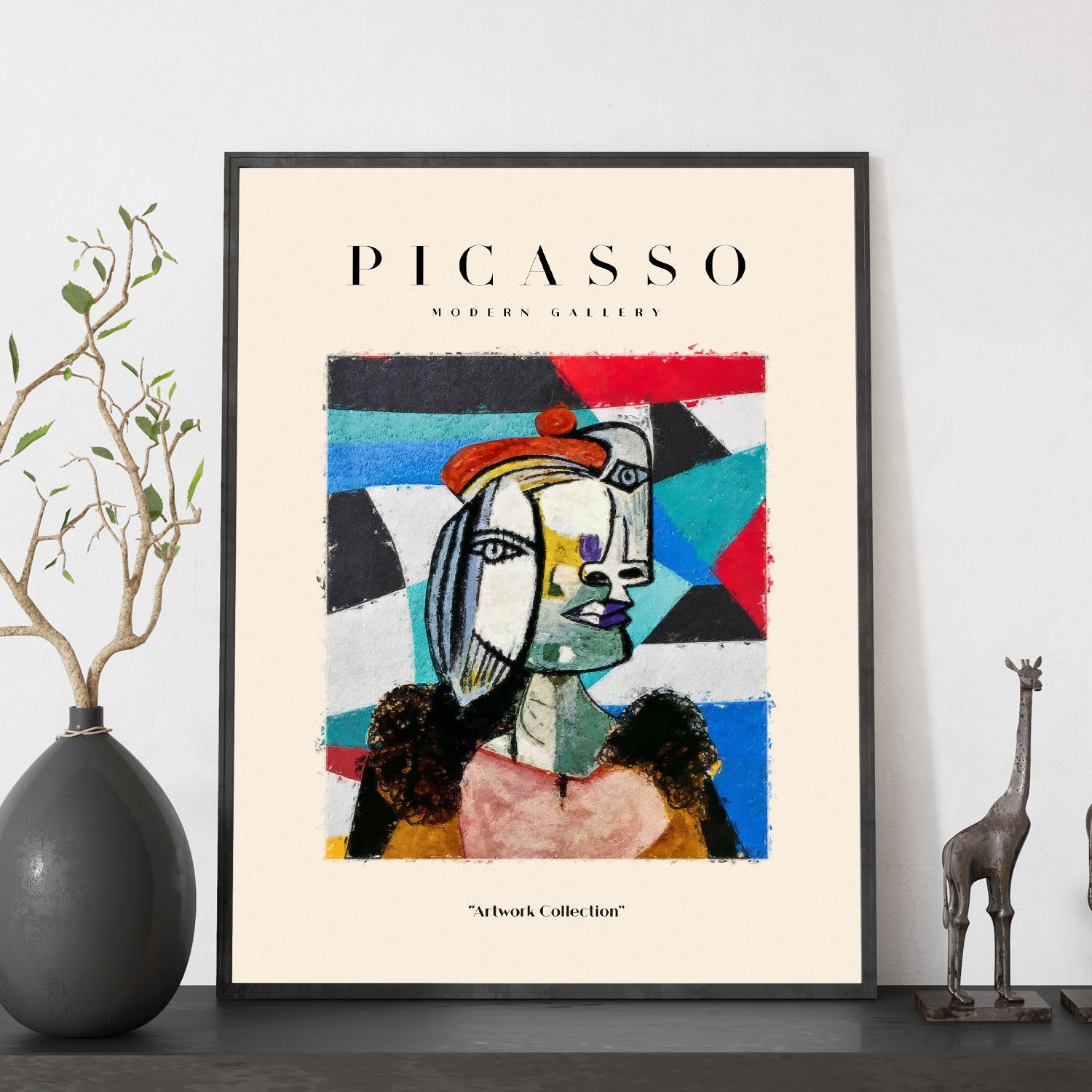Póster de colección picasso 39 ilustraciones en estilo exhibición de arte surrealismo y cubismo a3 con marco color madera