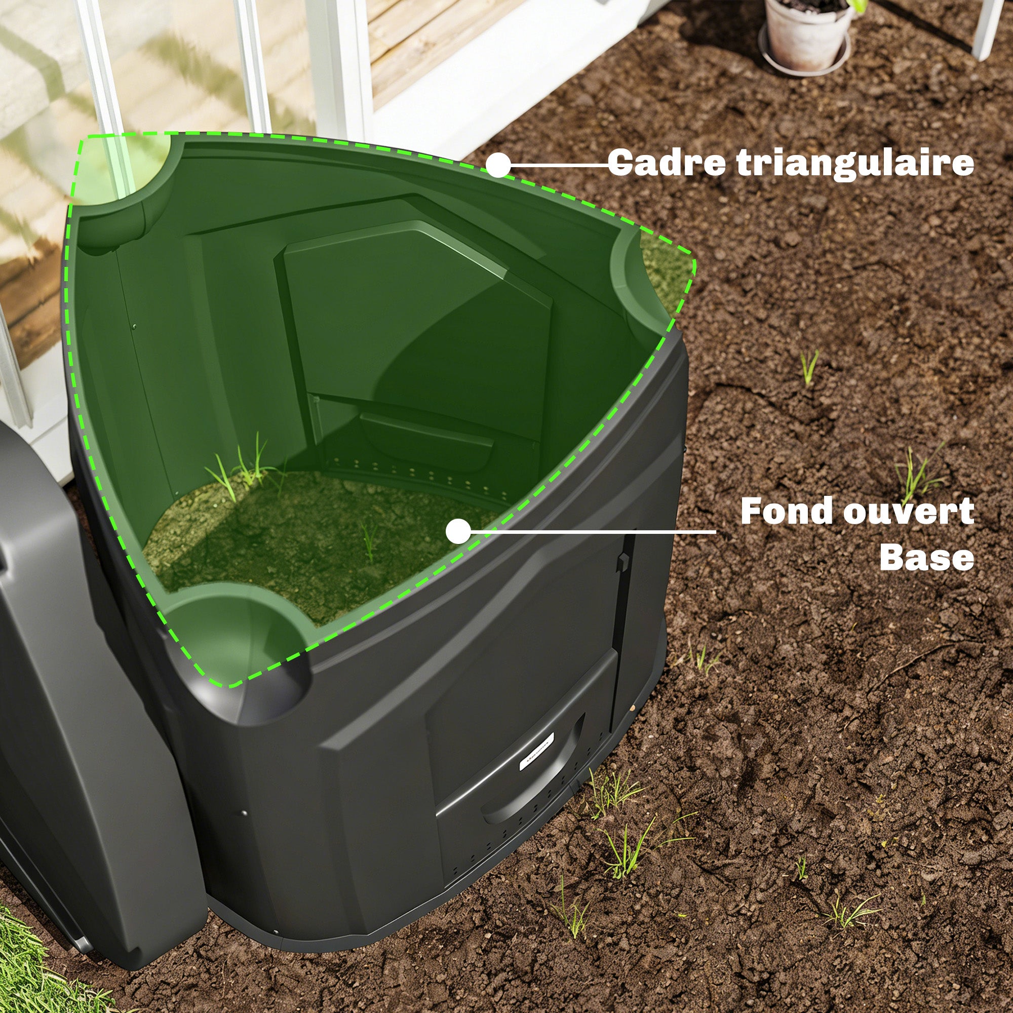 Composteur de jardin, 240L, bac à compost extérieur, en polypropylène, 3 Portes, 66 Aérations, 78 x 75 x 78 cm, Noir - 7