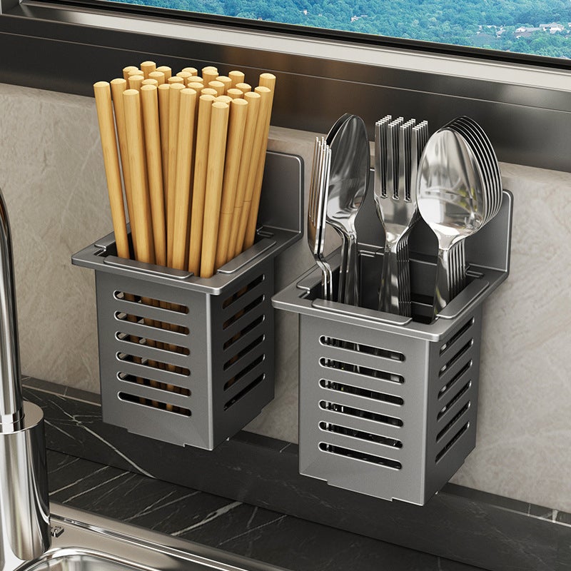 Panier à Baguettes en Acier Inoxydable pour Ustensiles de Cuisine, Support Mural Gris Foncé, 15.4*9.6*9.6 cm - 2