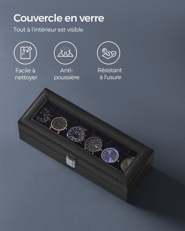 Boîte à Montres à 6 Emplacements, Écrin, Couvercle en Verre, Coussinets Amovibles, Serrure en Métal, Revêtement en Noir et Doublure en Noir - 4