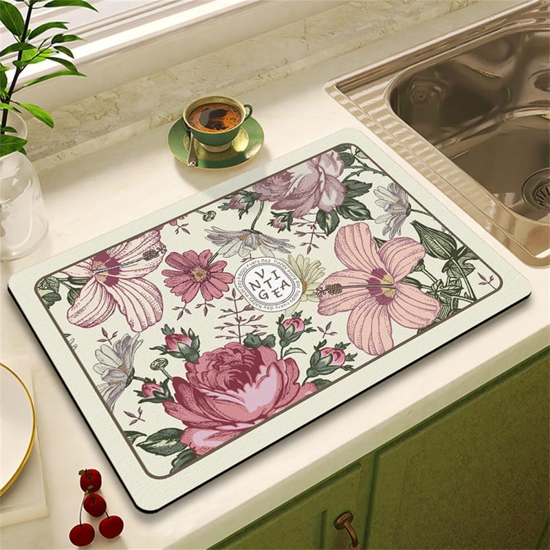 szt. Styl (Fleur-de-lis, 30x40 cm) Mata do odsączania naczyń w stylu vintage, chłonna, wzór kwiatowy, chłonna mata kuchenna do zlewu, mata do suszenia