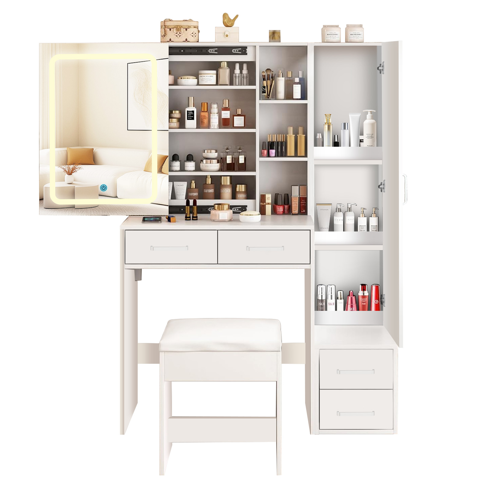 Toeletta LED Tricolore Scorrevole con 4 Cassetti, Specchio Regolabile e Comodo Ripiano, 100x40x142 cm - 7