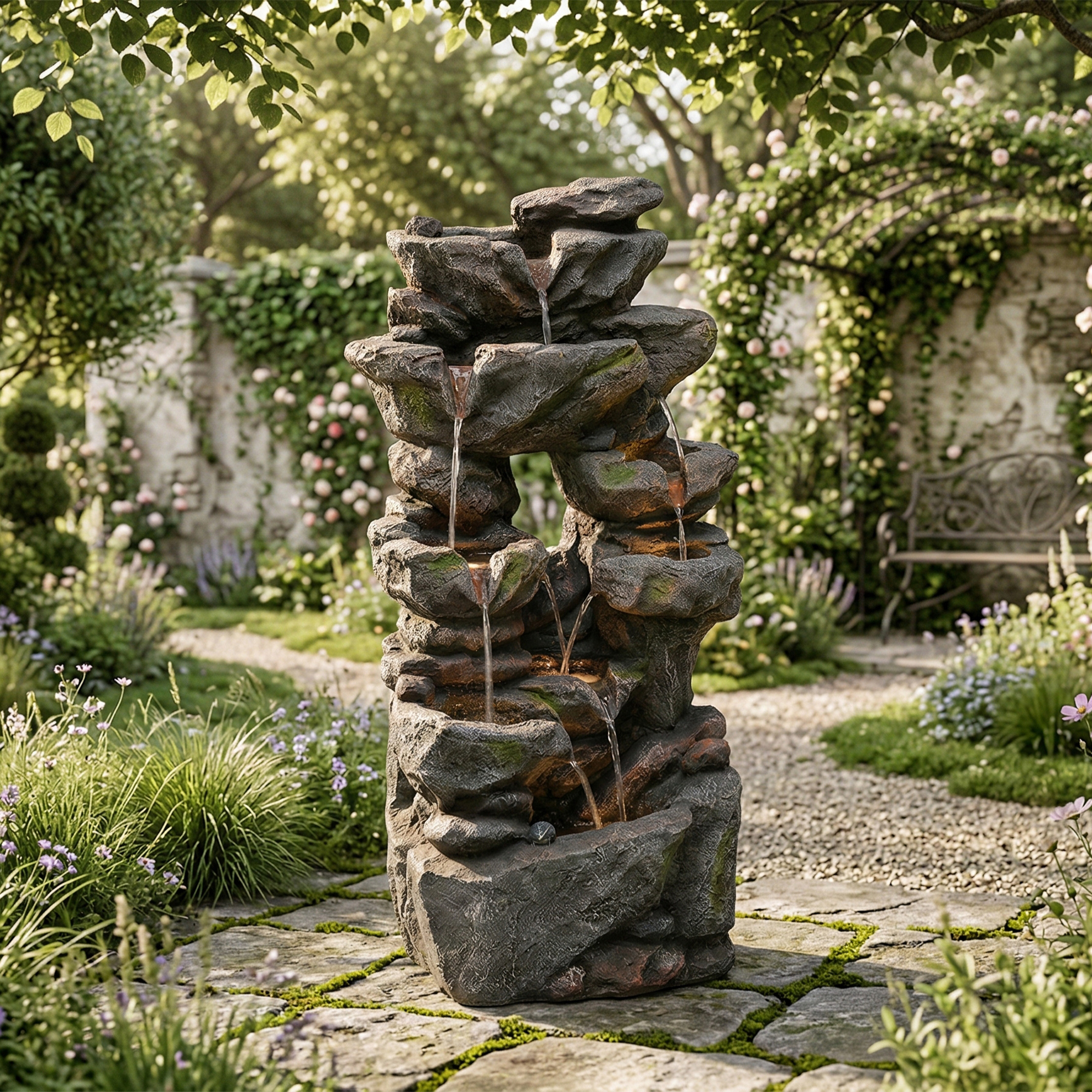 Fontaine de jardin LED décorative avec pompe 16 W - Résine effet pierre naturelle - 46 x 36 x 90 cm - Gris - Idéale terrasse, jardin ou balcon - 3