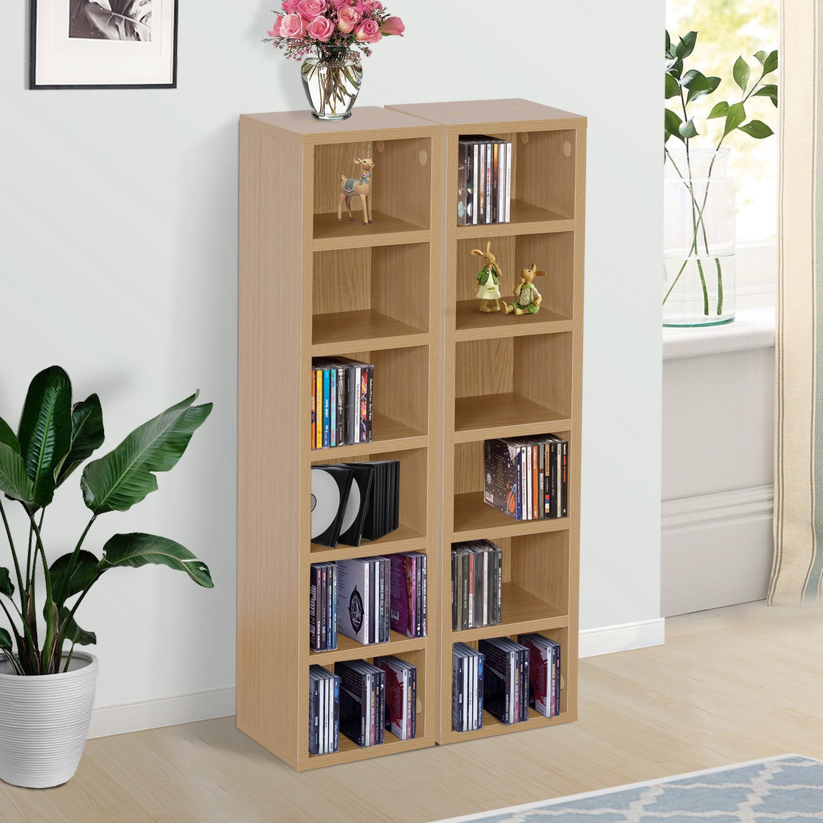 Lot de 2 étagères colonnes Armoire de Rangement CD-DVD 6 + 6 Compartiments dim. 21L x 19l x 88H cm capacité Max. 160 CD Coloris hêtre - 3
