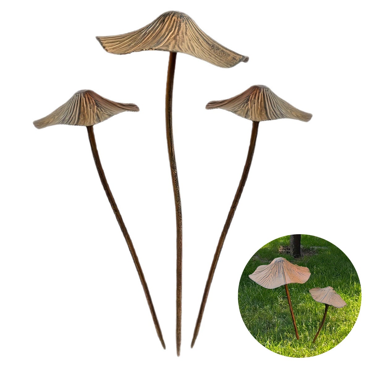 Dekoracja ogrodowa w kształcie grzyba - zestaw metalowy w kolorze brązowym (2 sztuki: 1 duża + 1 mała)