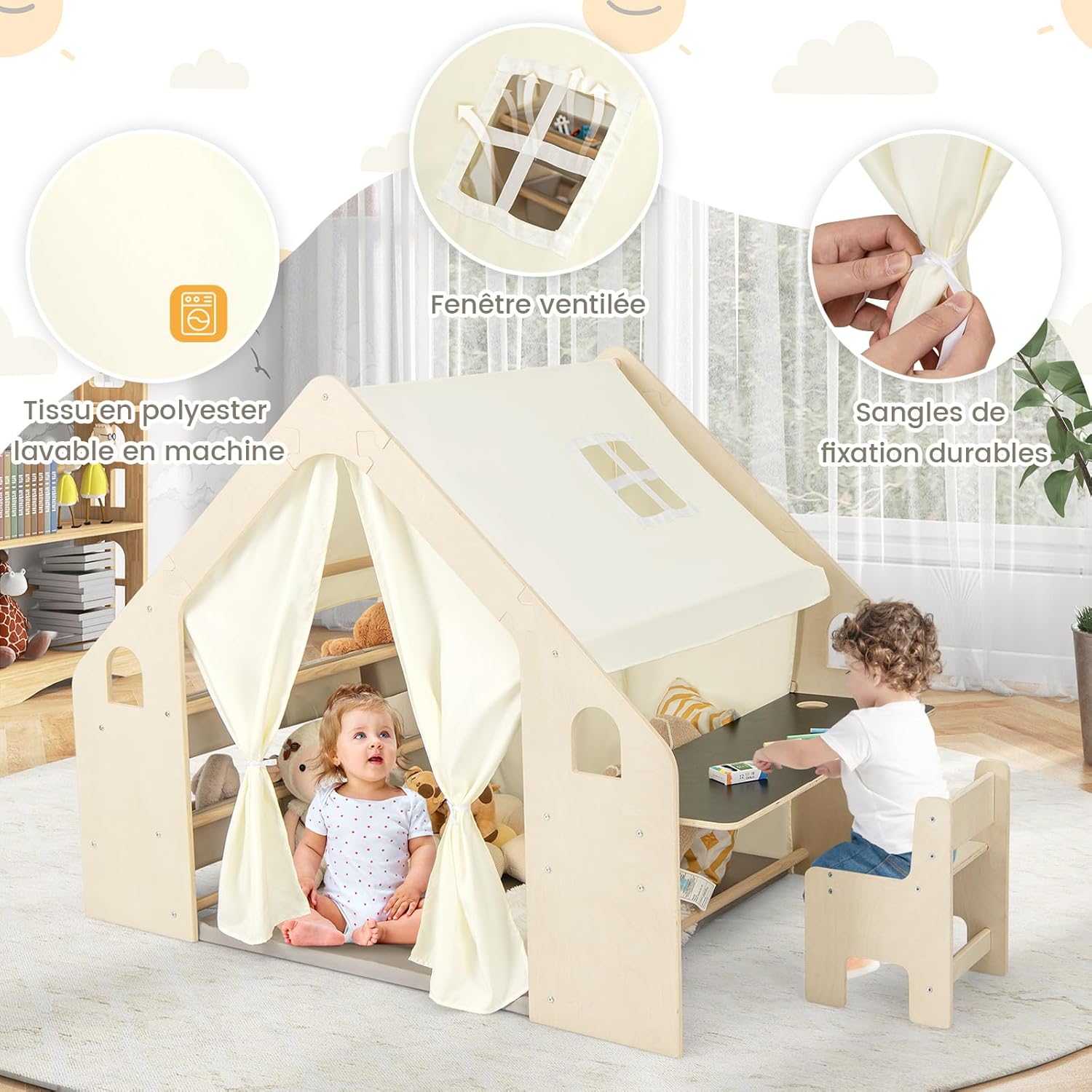 6 en 1 Tente de Jeu Enfants Cadre en Bois Massif, Table & Chaise, Tapis et Rideaux Amovibles, Maisonnette pour 2-6 Ans, 145x98x113cm - 8