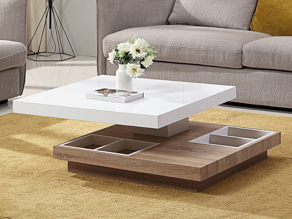 Ława FAUSTO – Obrotowy blat – MDF lakierowany kolor: biały i dębowy