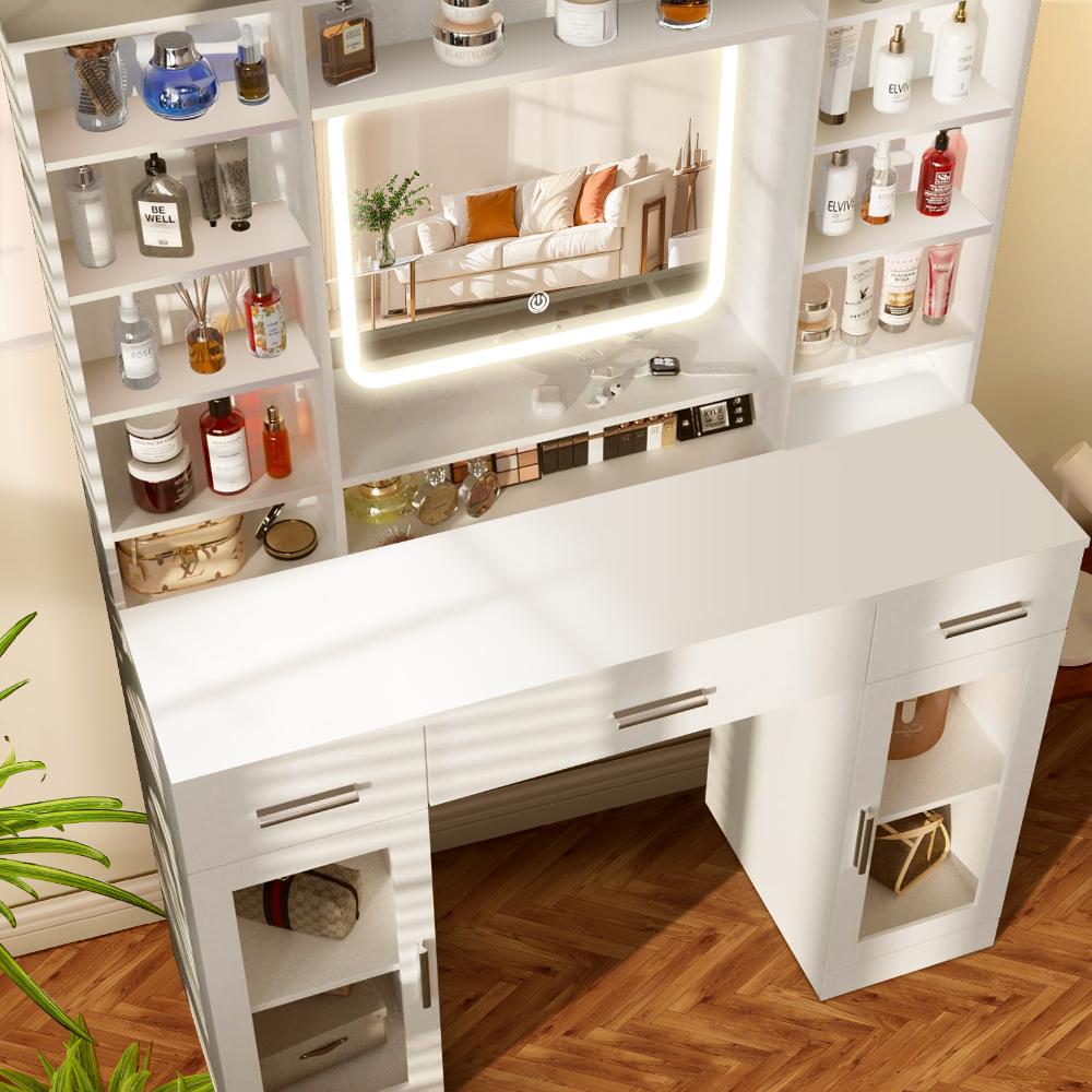 Meuble de toilette avec miroir - Tiroirs, étagères, surface spacieuse, toit anti-poussière - 3 modes de couleur, blanc - Idéal pour chambre - 7