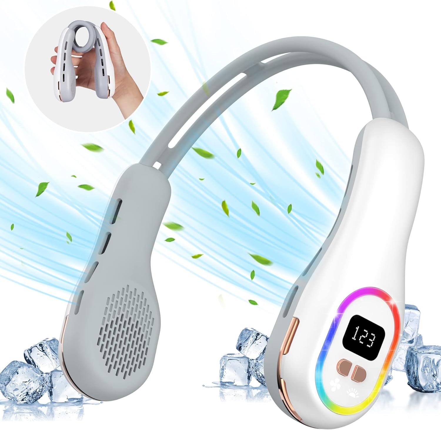 Przenośny wentylator na szyję z oświetleniem otoczenia RGB LED, wentylator USB na szyję, ręczny wentylator 4000mAh, cichy mini wentylator na szyję