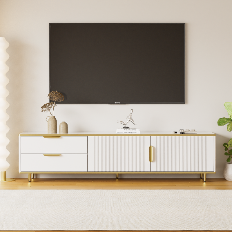 TV-Schrank mit geschnitzter Textur, solidm Stauraum, Marmor-Oberfläche i elegancki Griffen für Wohnzimmer