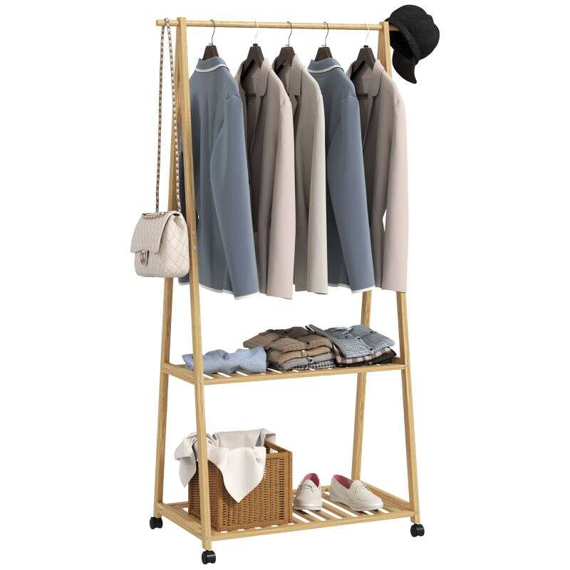 HOMCOM Portant à Vêtements Bambou Sur Roulettes Avec 2 Étagères - 84,5 X 43,5 X 158 Cm