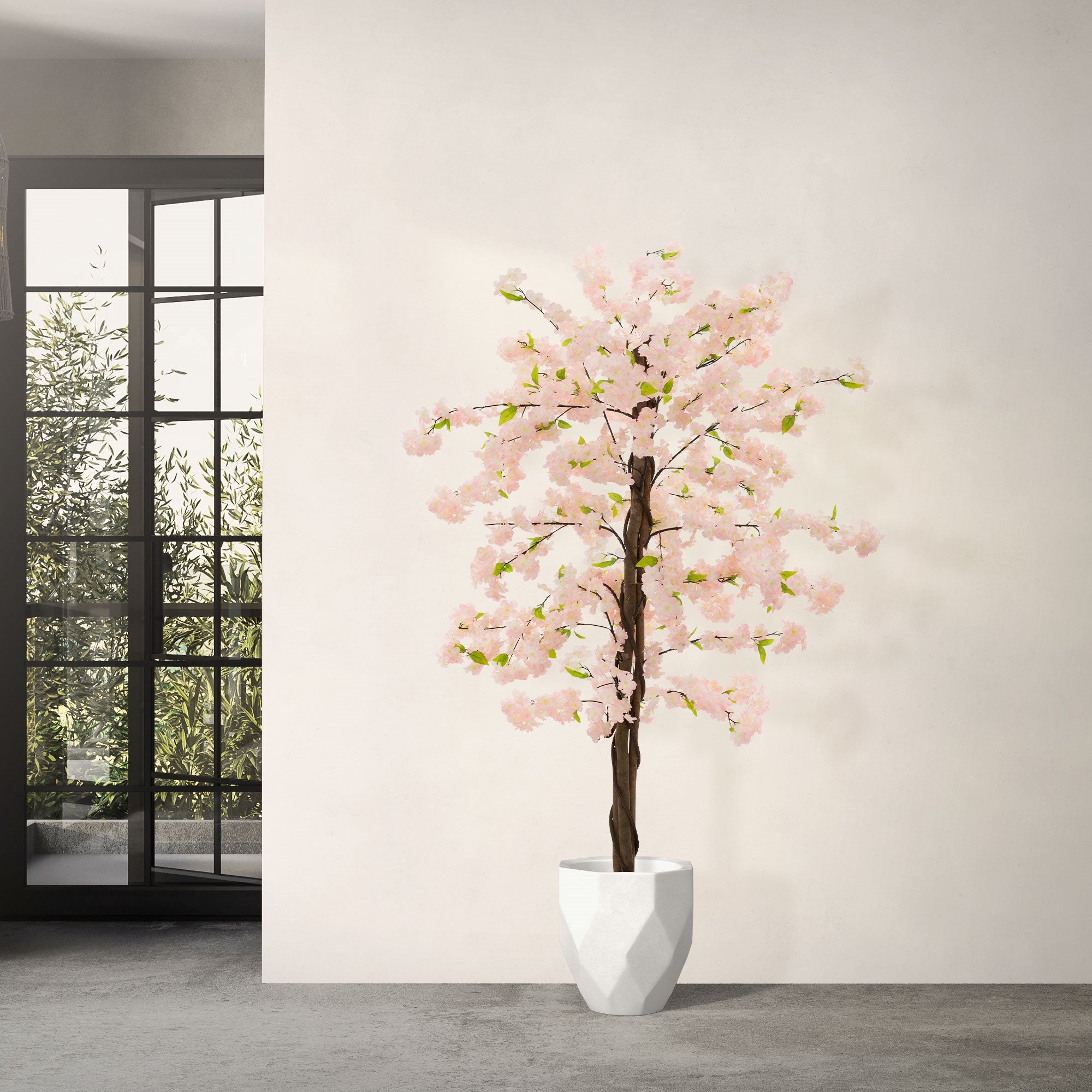 Plante artificielle cerisier 180 cm faux arbre décoratif imitation réaliste en plastique avec des fleurs roses pot inclus pour intérieur et extérieur - 7