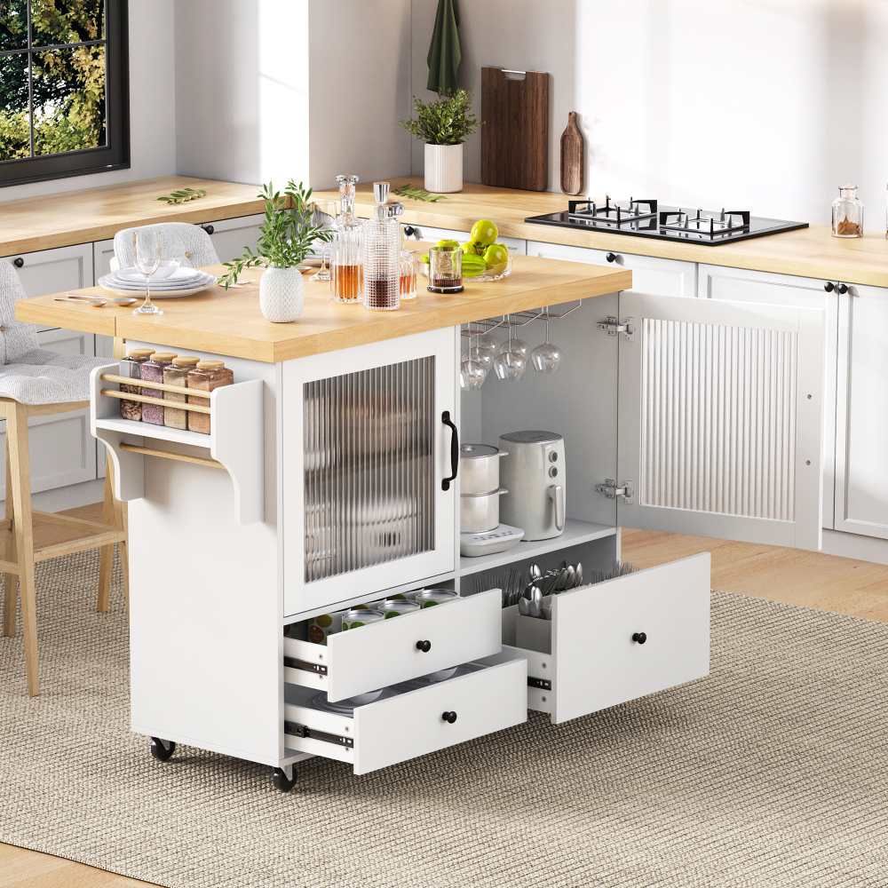 Isola Cucina Mobile Con Ruote E Piano Estensibile – Tavolo Da Pranzo Trasformabile Con LED, Prese USB E Type-C, Design Moderno Bianco E Nero - 2
