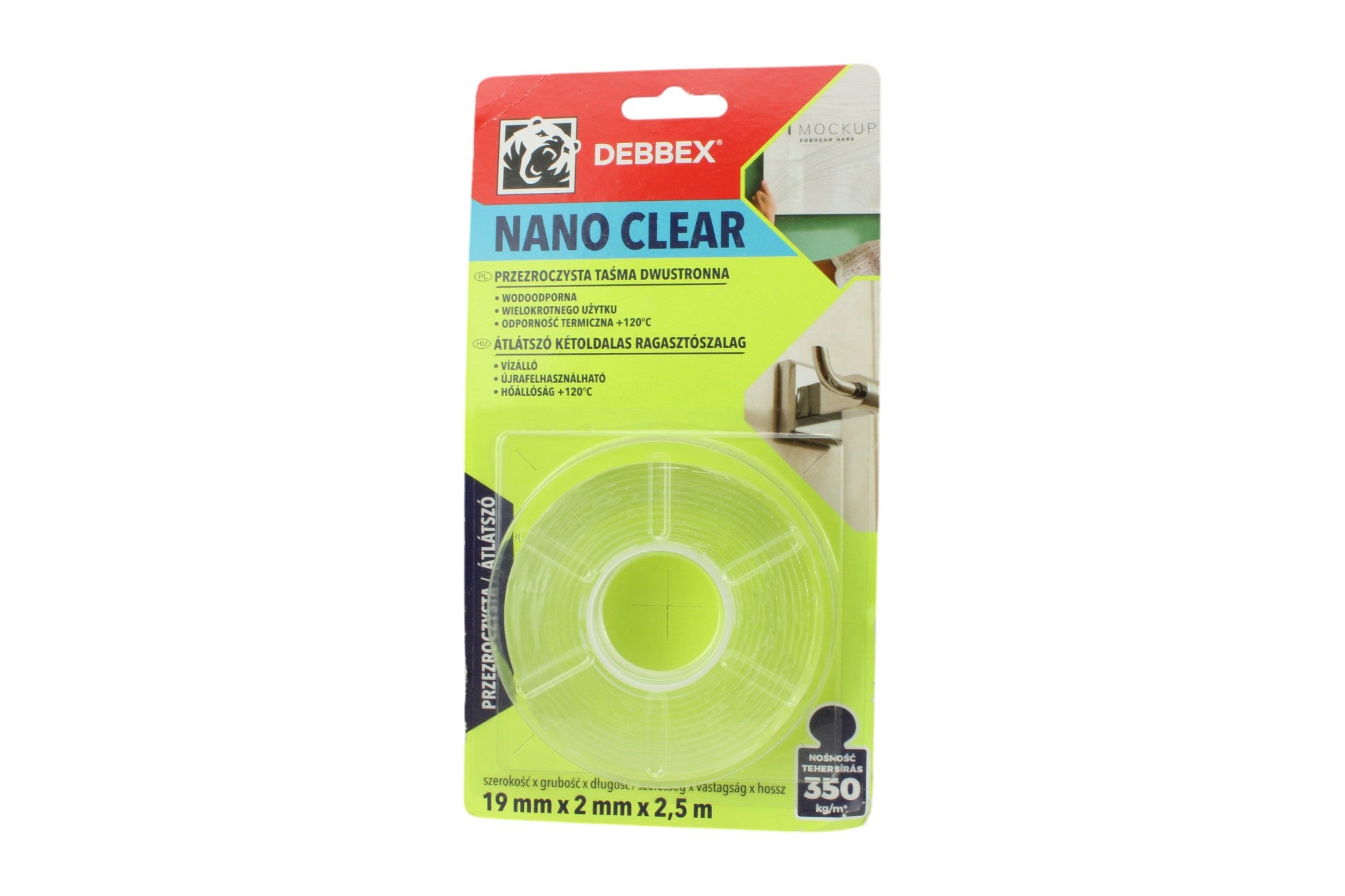 Taśma dwustronna przezroczysta NANO Clear 19 mm wielokrotnego użytku DISTYK