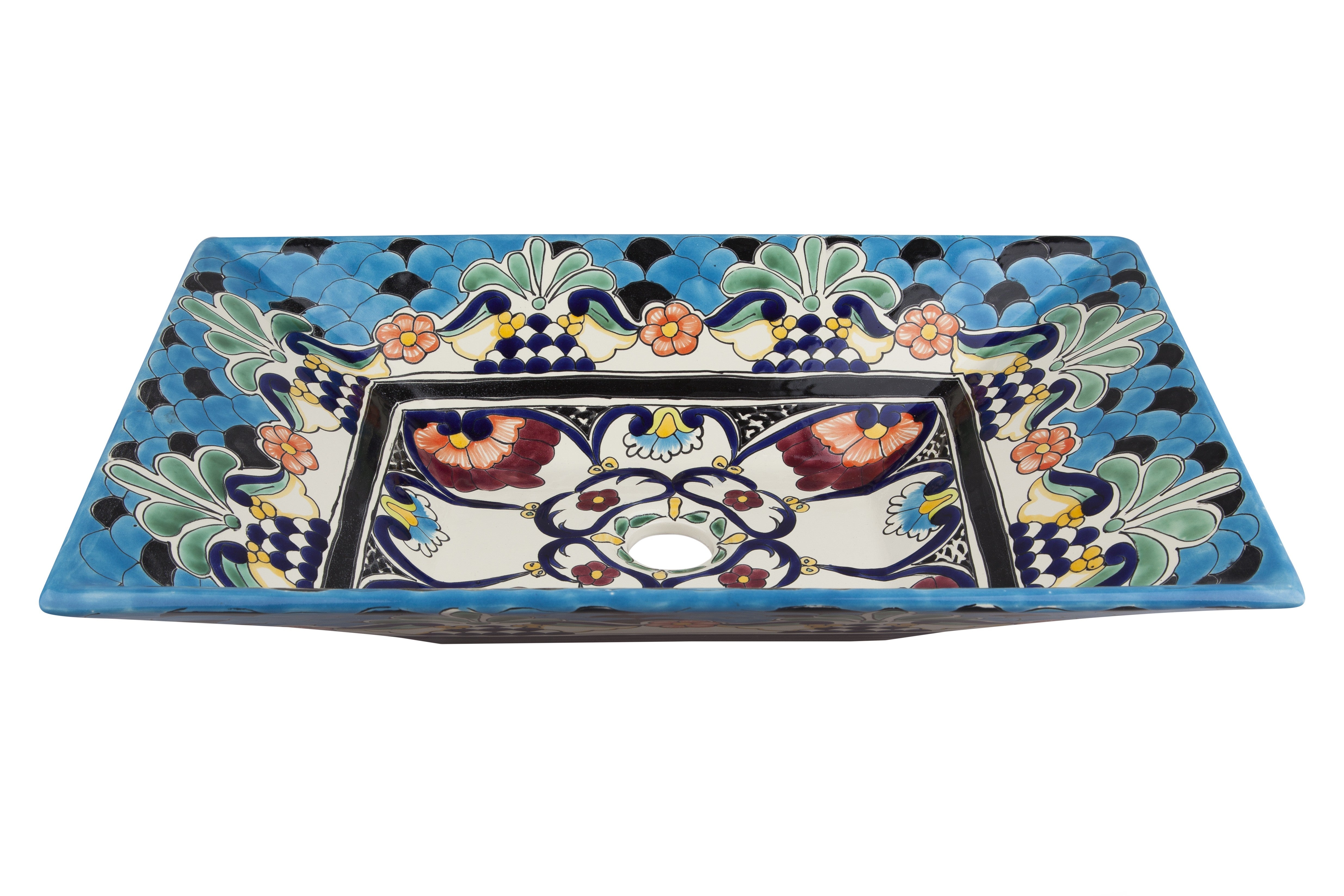 Meksykańska ceramiczna umywalka nablatowa La Reina – prostokątna umywalka łazienkowa 55 x 36 x 11 cm | Ręcznie wykonana umywalka Talavera