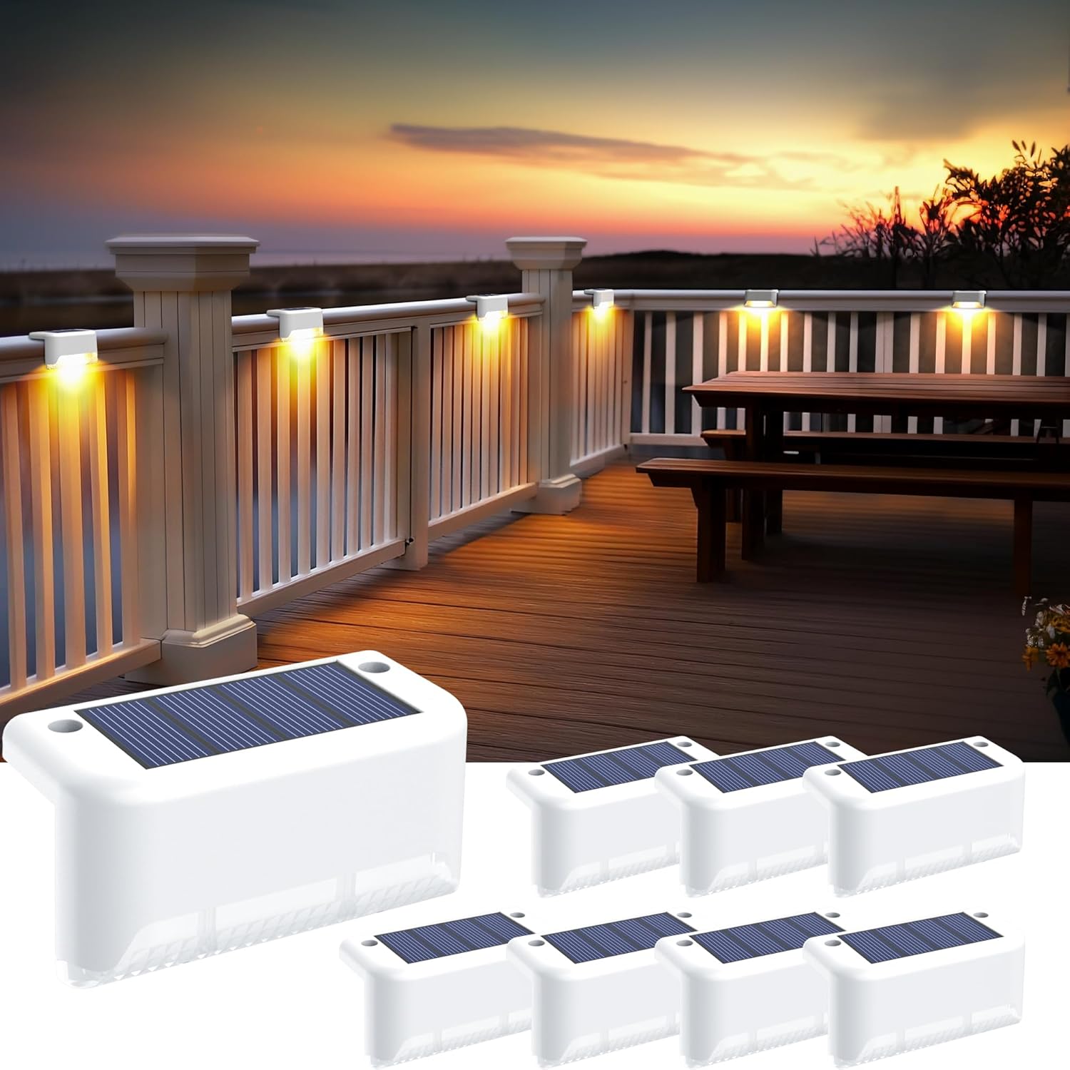 Lampy solarne do użytku na zewnątrz (biała obudowa, ciepłe światło, 8 sztuk), 7,8 x 2,8 x 4,7 cm, wodoodporne akrylowe diody LED, odpowiednie do stoso