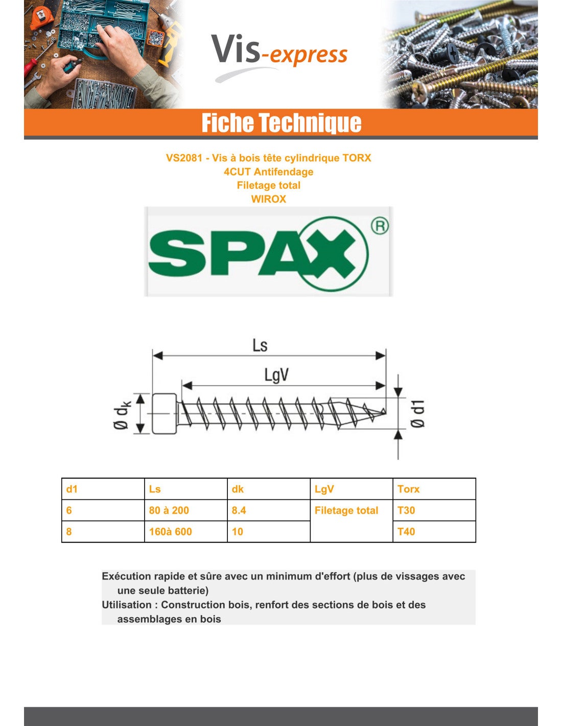 Spax Vis bois Tête cylindrique TC TORX T30 6X140 Filetage total 4CUT WIROX-1 pièce - 2