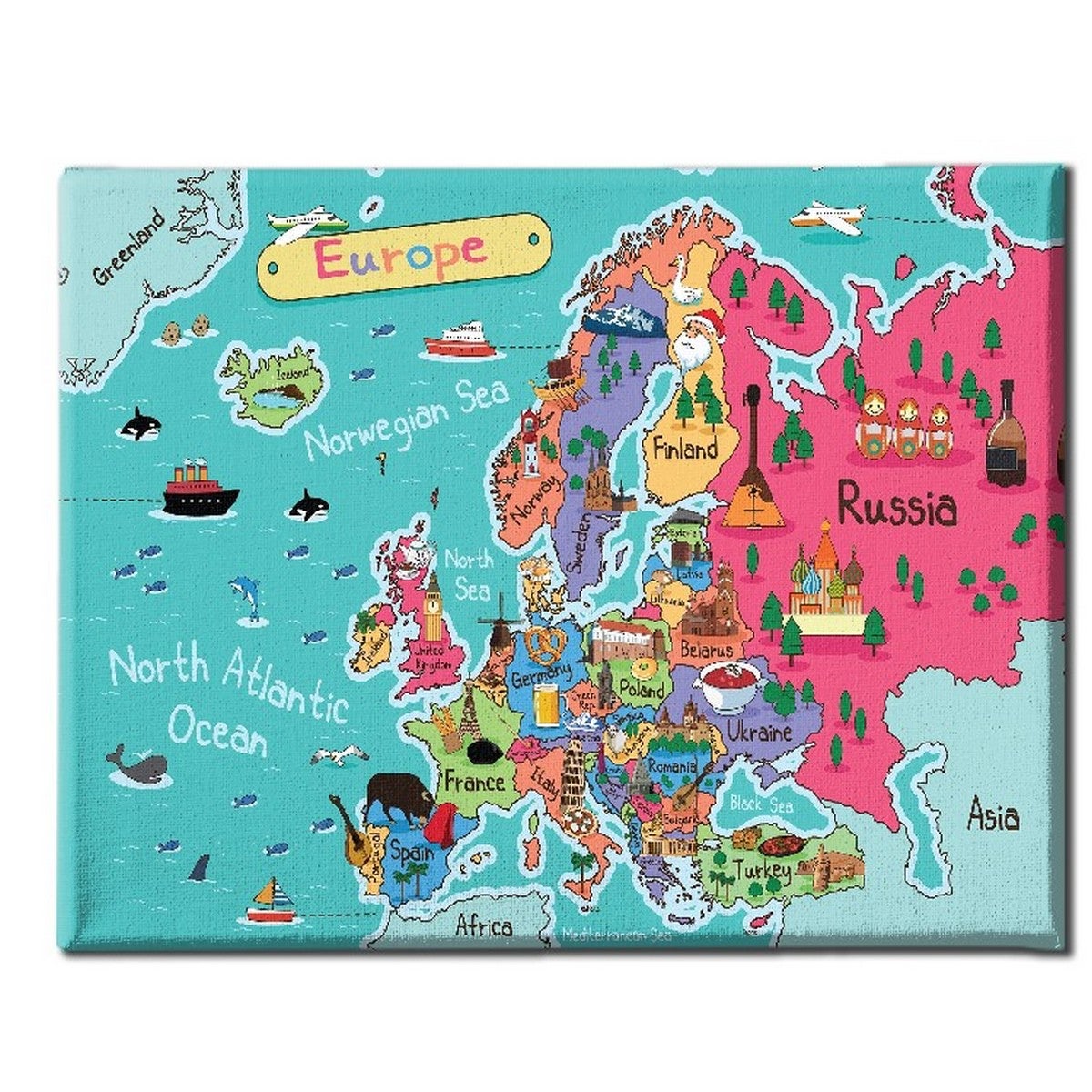 Impression Sur Toile Intissé – Carte Du Monde Décorative – Modèle K-A-0080-b-n – Neuf