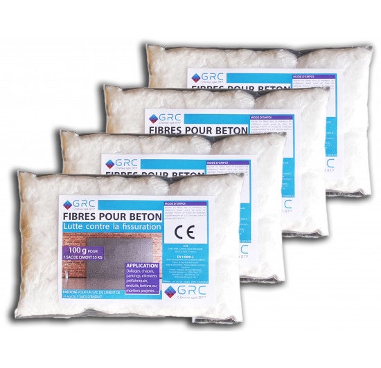 GRC - Lot de 4 Sachets de Fibres 12 mm pour béton 100g, 4 doses pour 4 sacs de ciment 35 kg