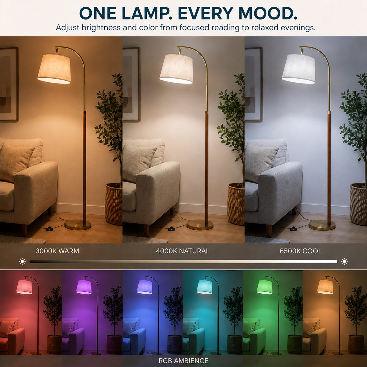 Lampadaire LED arc 170 cm en bois massif finition noyer, abat-jour en lin RGB+CCT dimmable, application et télécommande, ampoule LED 9 W incluse - 2