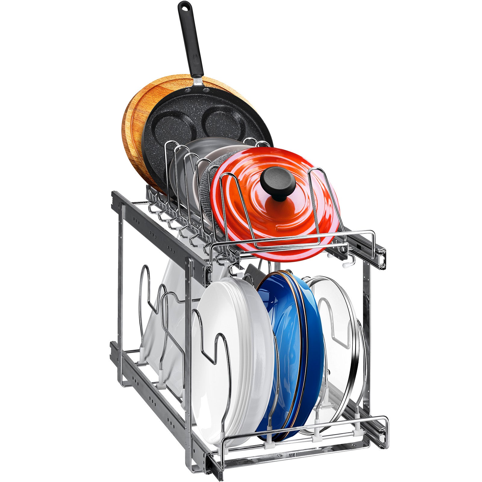 Soporte succebuy para sartenes y ollas: organizador extensible 2 niveles bajo armario, separadores de alambre ajustables, soporte para bandejas horno