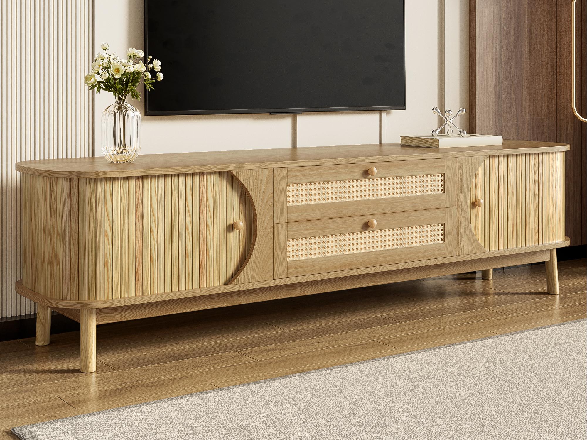 Stolik pod TV 170x40x46 cm - 2 szuflady i 2 drzwi - naturalne usłojenie drewna + rattan - MDF - Naturalny