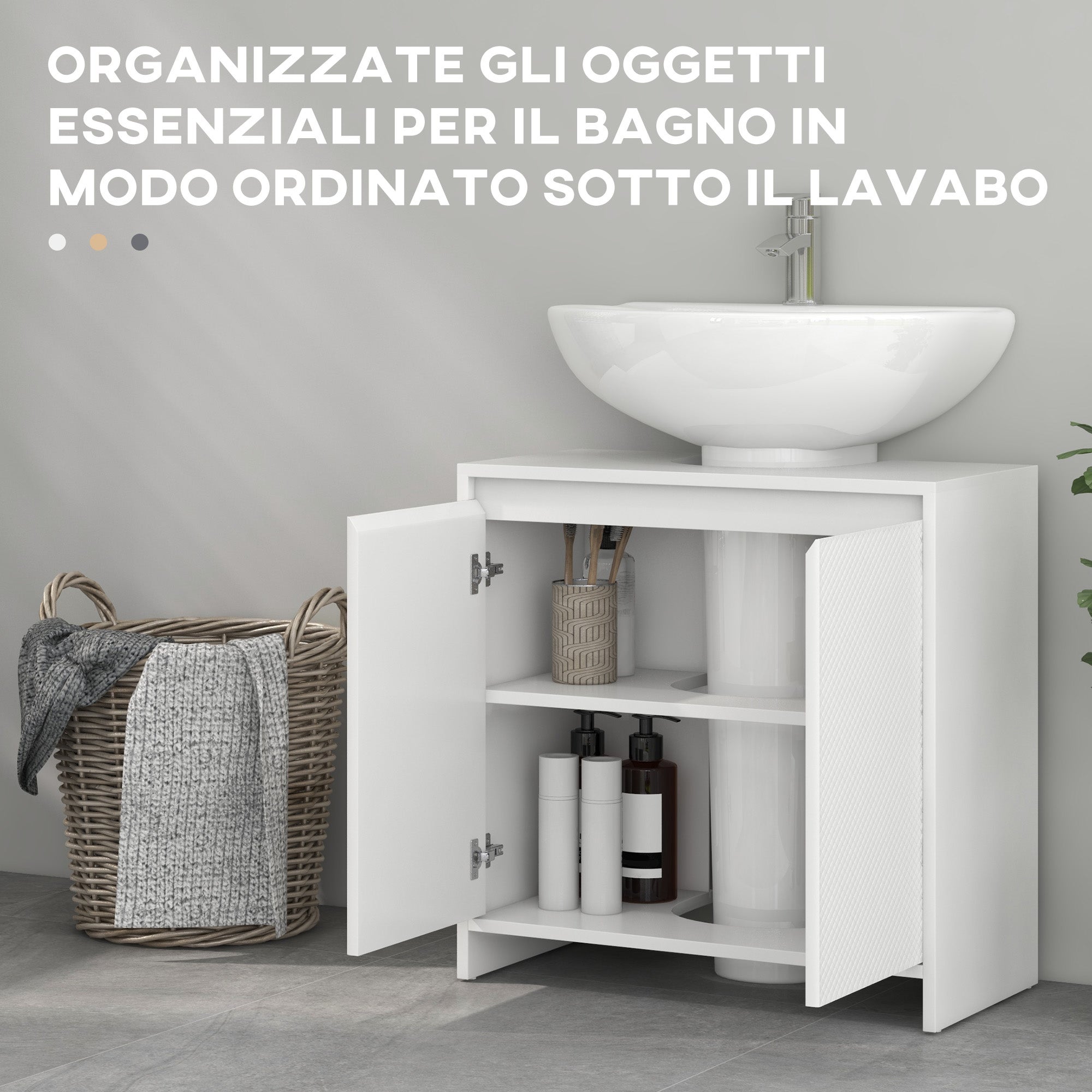 HOMCOM Mobile Sottolavabo Bagno con 2 Ante Decorate e Intaglio a U per Tubi, 60x30x60cm, Bianco - 5