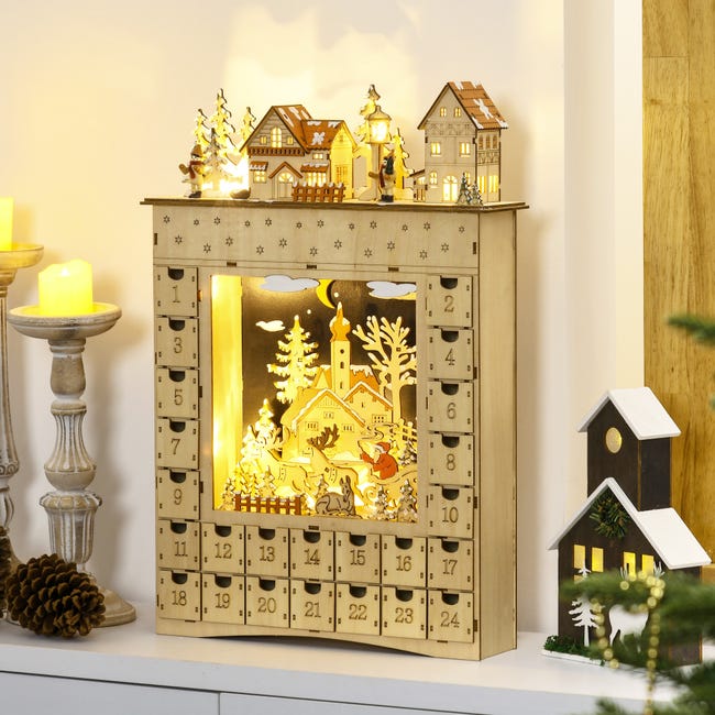 HOMCOM Calendrier De L'Avent En Bois Réutilisable à Remplir - 24 Tiroirs - Forme Père Noël Et Traîneau - Déco Noël Pour Enfants Et Adultes