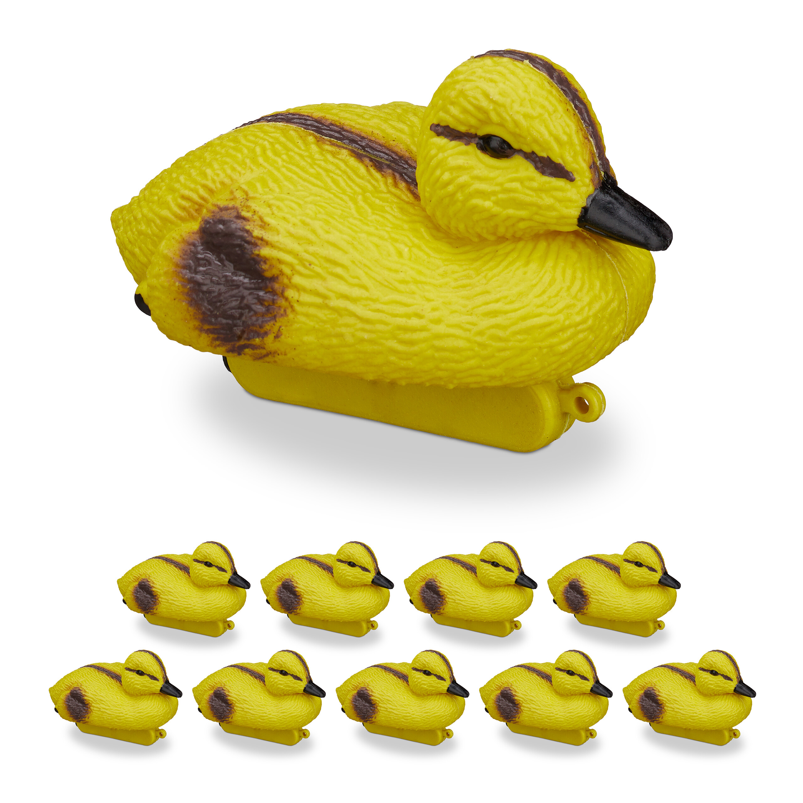 Relaxdays 10 patos decoración estanque, patitos flotantes, adorno jardín, plástico, figuras decorativas, amarillo/negro