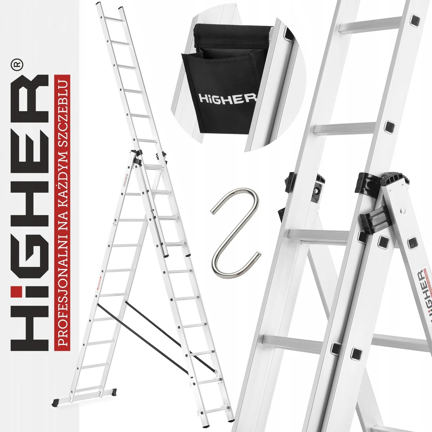 Drabina aluminiowa 3x10 uniwersalna HIGHER 7,55m MOCNA + hak i torba GRATIS