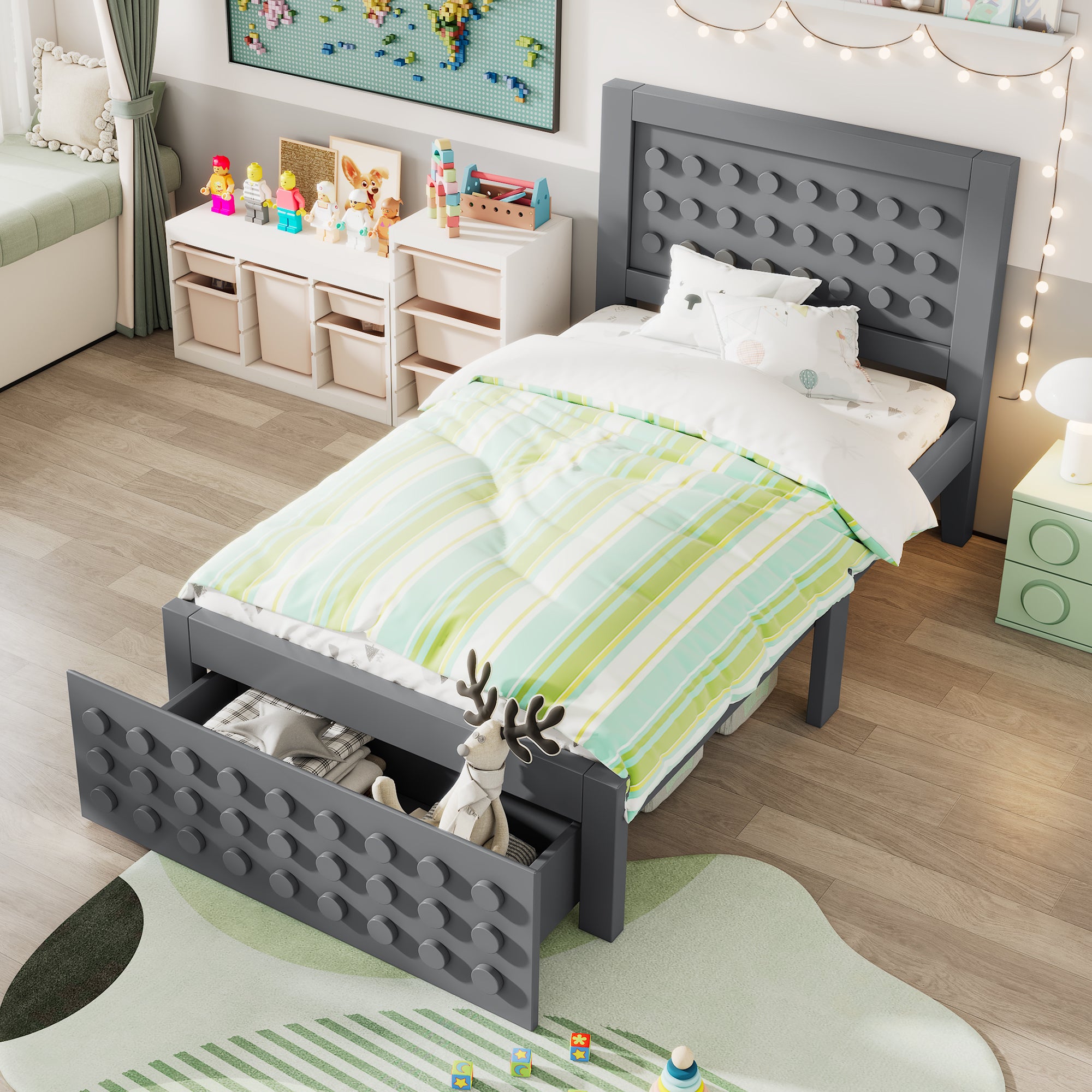Łóżko pojedyncze 90 x 200 cm z wezgłowiem i 1 szufladą - lite drewno + płyta MDF - w zestawie stelaż - szare (bez materaca)