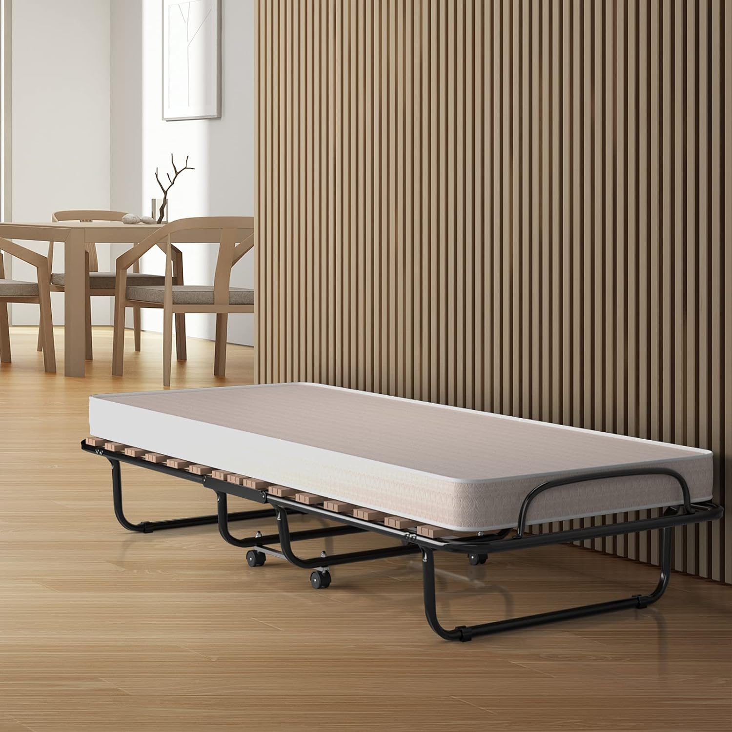 Łóżko dla gości 80 x 190 cm z materacem z pianki memory, składane łóżko pojedyncze, stabilne metalowe łóżko do 130 kg, na kółkach, do biura(beżowe) - 2